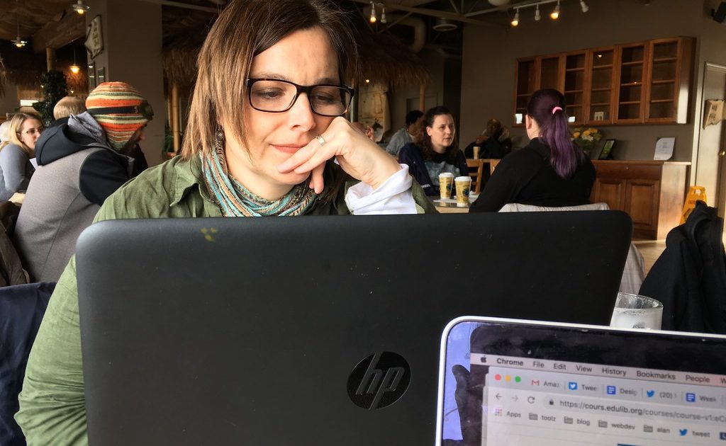 A laptop computer on a table