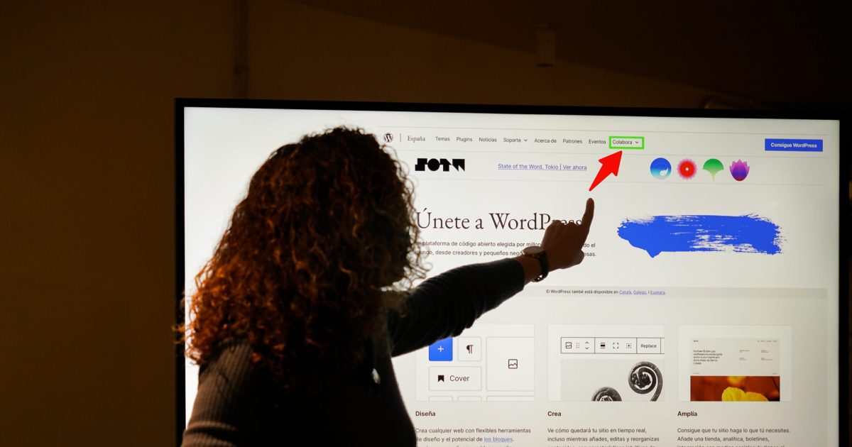A person with curly hair is silhouetted against a large computer screen, pointing at a section of a webpage