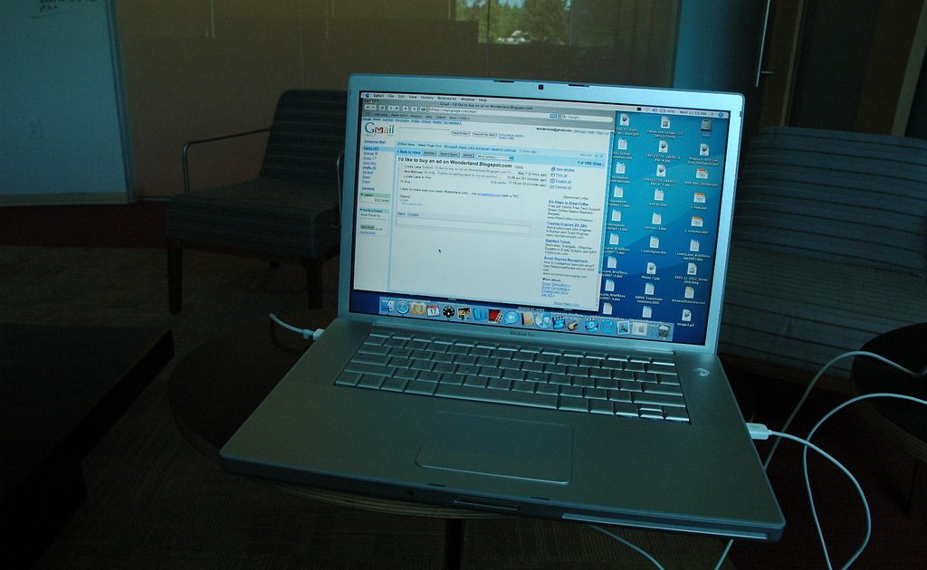 A laptop computer on a table