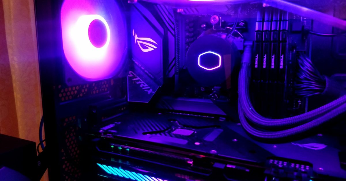 Inside of a gaming PC with fluorescent lighting